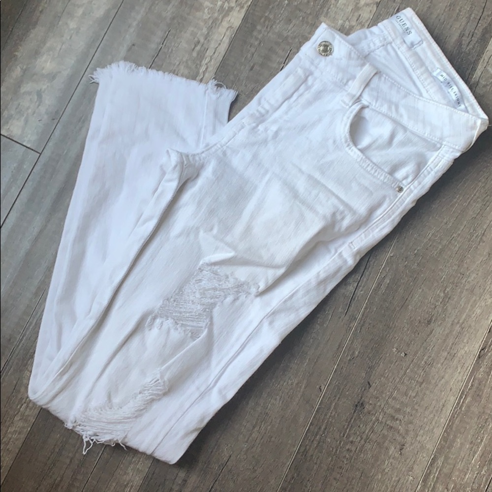 White mid rise distressed jeans